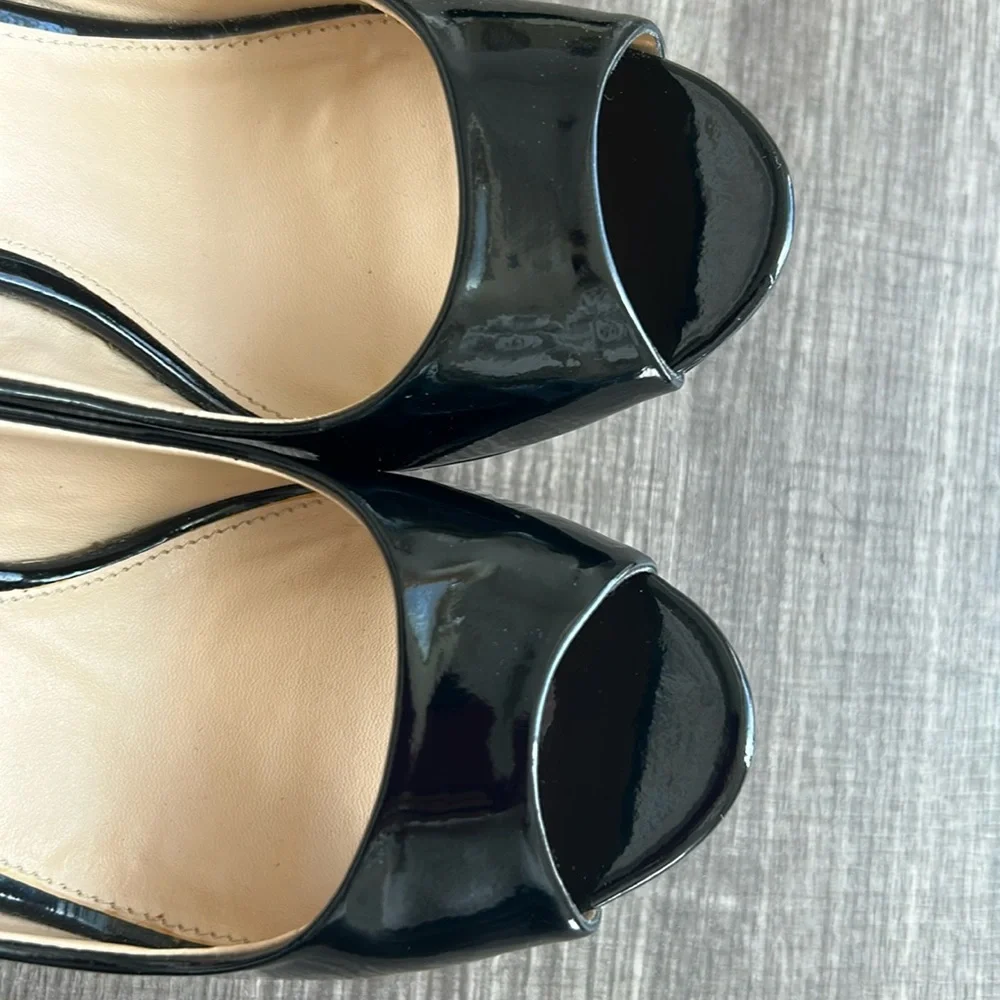 Boston Proper Black‎ Patent Leather Peep Toe Wedges Shoes Office Date Night 7M